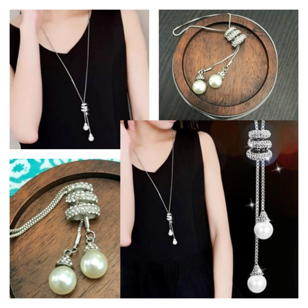NEW!๐๐LONG PEARL LOOK CRYSTAL NECKLACE!๐๐LOVE! - Picture 1 of 15